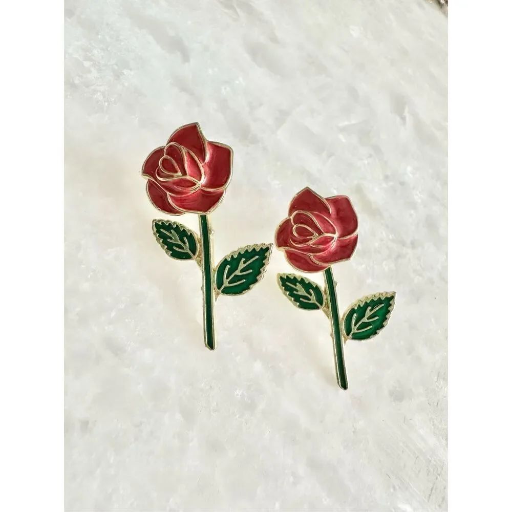 Red rose enamel dangle earrings - Picture 2 of 2